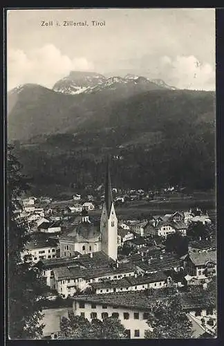 AK Zell im Zillertal, Ortsansicht mit Kirche & Bergen