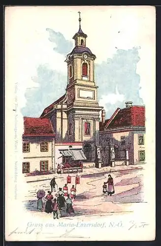 Künstler-AK Maria-Enzersdorf /N.-Ö., Ortspartie mit Kirche und Prozession