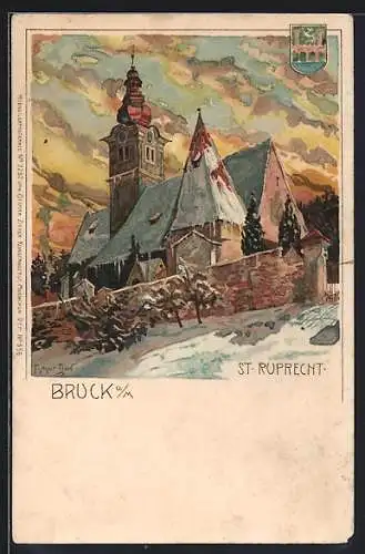 Künstler-AK sign. T. Martini: Bruck an der Mur, St. Ruprecht im Abendlicht