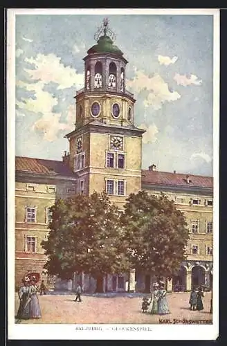 Künstler-AK Salzburg, Glockenspiel mit Passanten