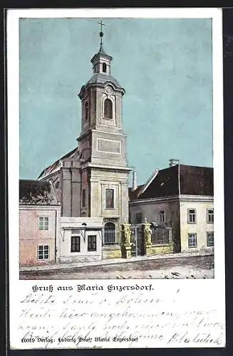 AK Maria Enzersdorf, Kirche mit Strassenpartie