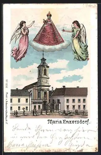 Lithographie Maria Enzersdorf, Gnadenbild über der Kirche