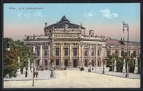AK Wien, Hofburgtheater mit Statuen, Strassenbahn