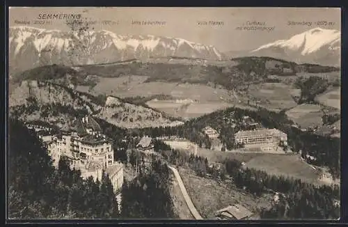 AK Semmering, Panorama mit Südbahnhotel, Villen Leibenfrost und Meran, Curhaus