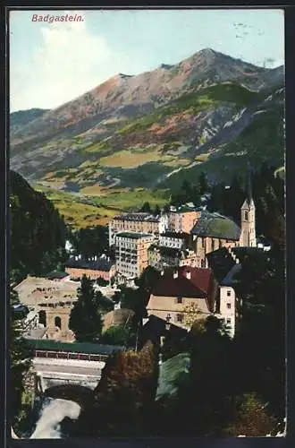 AK Badgastein, Ortsansicht mit Brücke und Bergpanorama