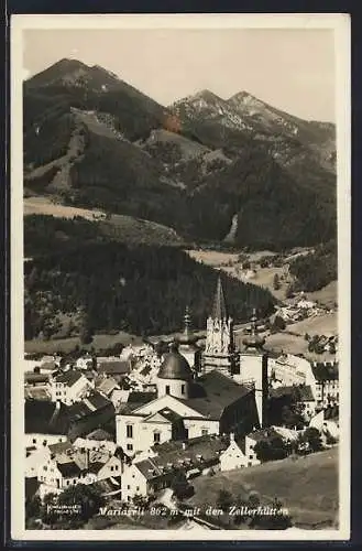 AK Mariazell, Ortsansicht mit den Zellerhütten