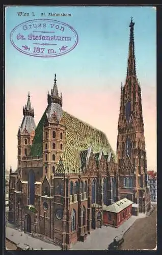 Künstler-AK Wien, St. Stefansdom aus der Vogelschau