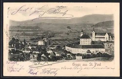 AK St. Paul, Teilansicht aus der Vogelschau mit Bergpanorama