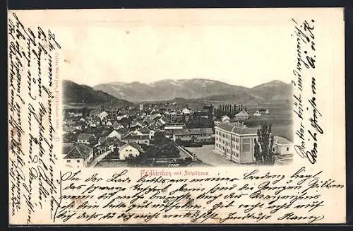 AK Feldkirchen /Kärnten, Teilansicht mit Schulhaus und Bergpanorama