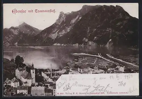 AK Ebensee, Teilansicht mit Traunausfluss aus der Vogelschau