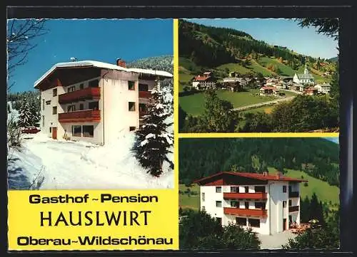 AK Oberau /Tirol, Gasthof-Pension Hauslwirt im Sommer und im Winter, Teilansicht