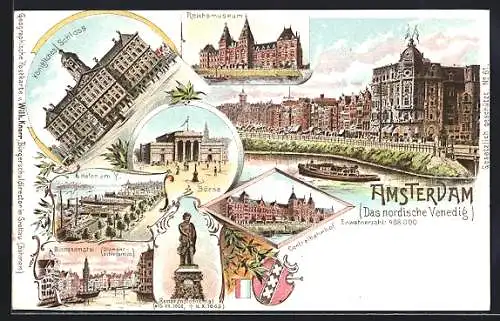 Lithographie Amsterdam, Reichsmuseum, Kgl. Schloss, Hafen am Y., Binnenamstel, Diamantschleiferei, Börse, Centralbahnhof