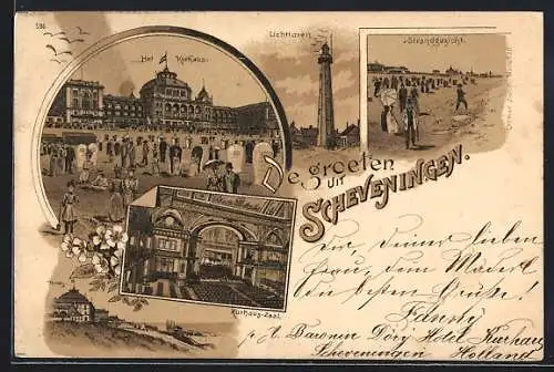 Lithographie Scheveningen, Kurhaus, Lichttoren, Strandgezicht