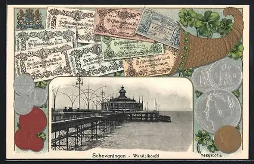 AK Scheveningen, Wandelhoofd, Seebrücke, Geldnoten und Münzen