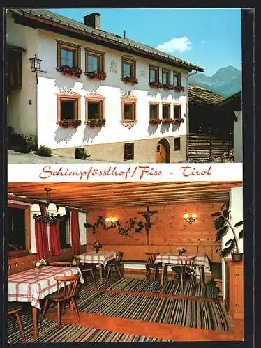 AK Fiss /Tirol, Das Gasthaus Schimpfösslhof mit Innenansicht