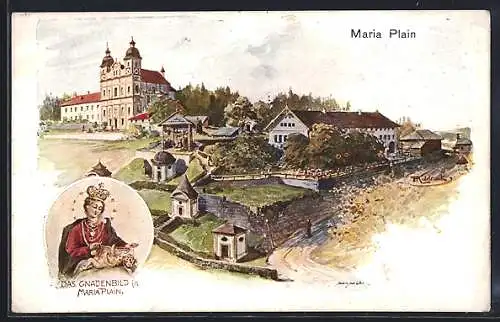 Künstler-AK Maria Plain, Ortsansicht mit Gnadenbild