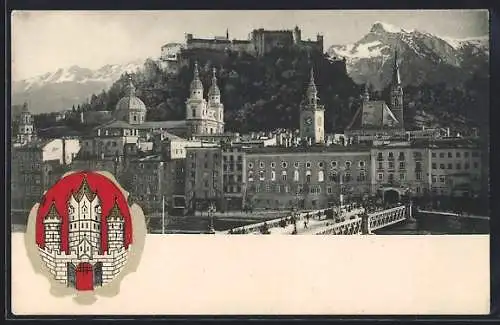 AK Salzburg, Teilansicht mit der Festung Hohensalzburg, Wappen