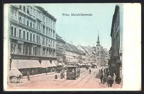 AK Wien, Mariahilferstrasse mit Geschäften und Strassenbahn