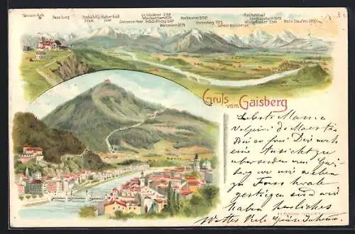 Lithographie Salzburg, Totale des Ortes mit Gaisberg u. Gebirgspanorama