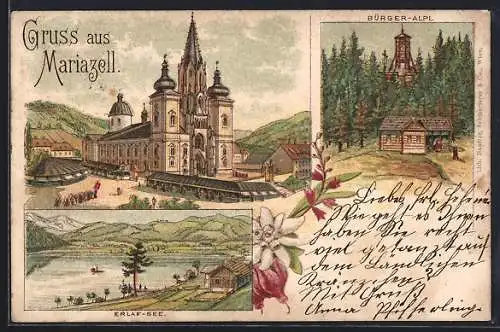 Lithographie Mariazell, Basilika mit Erlaf-See und Bürger-Alpl