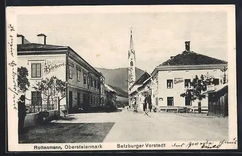 AK Rottenmann /Obersteiermark, Strasser`s Gasthaus und die Bäckerei Karl Goldbrich in der Salzburger Vorstadt