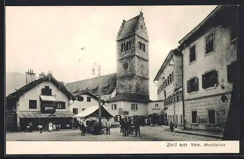 AK Zell am See, Marktplatz mit Geschäften und Kirche