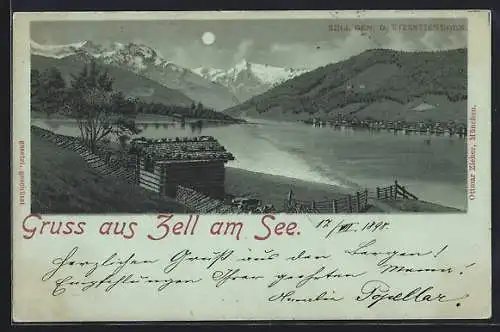 Mondschein-Lithographie Zell am See, Seepanorama mit Blick in die Berge