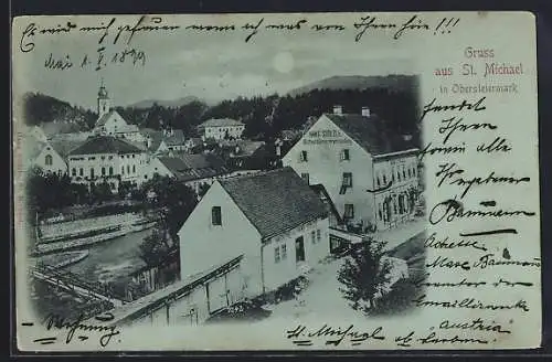 Mondschein-AK St. Michael in Obersteiermark, Ortsansicht mit dem Gasthaus Hans Stölzle