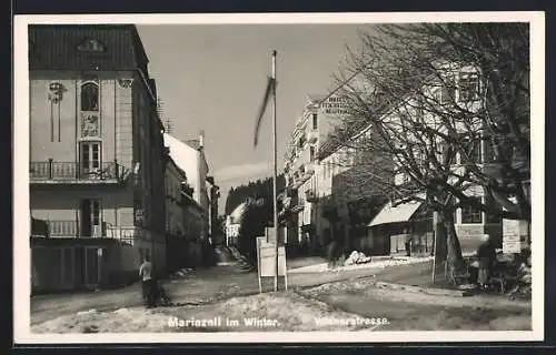 AK Mariazell im Winter, Hotel Weisser Ochse in der Wienerstrasse im Winter