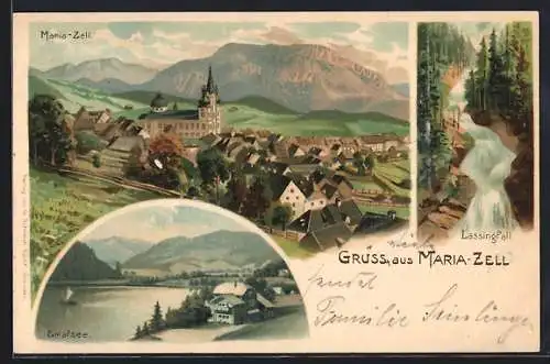 Lithographie Maria Zell, Panoramaansicht, Lassingfall, Erlafsee