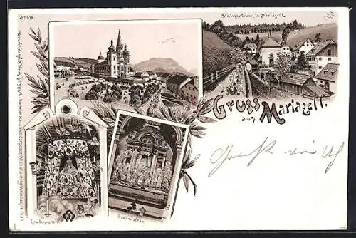 Lithographie Mariazell, Kloster, Gnadenmutter, Gnadenaltar, Heiligenbrunn