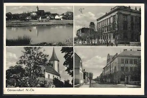 AK Gänserndorf, Kirche, Gesamtansicht, Strassenpartie