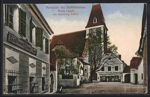 AK Maria Laach am Jauerling, Gasthaus, August G. Handlung, Marktplatz des Wallfahrtsortes