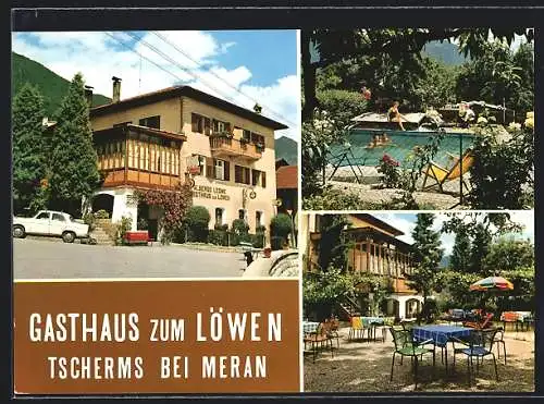 AK Tscherms bei Meran, Gasthaus-Pension Zum Löwen, Garten, Schwimmbecken