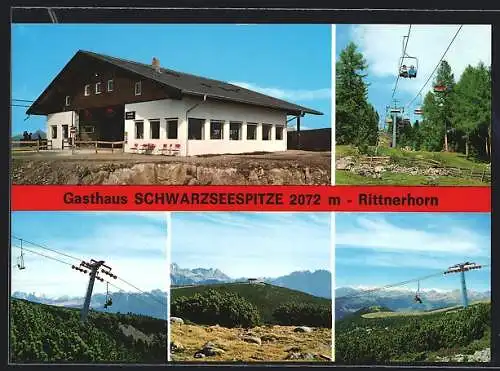 AK Klobenstein /Ritten, Gasthaus Schwarzseespitze am Rittnerhorn, Seilbahn, Panorama