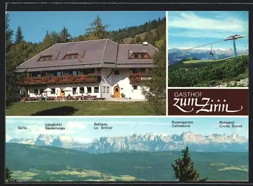 AK Klobenstein /Ritten, Gasthof zum Zirm, Seilbahn, Bergpanorama mit Sella, Schlern und Rosengarten