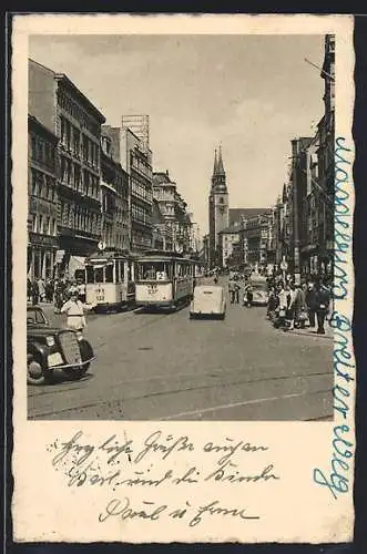 AK Magedeburg, Strasse Breiter Weg mit Strassenbahn