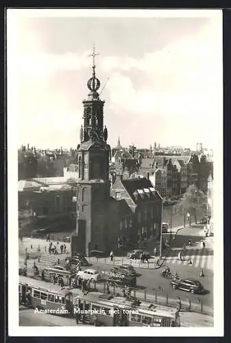 AK Amsterdam, Muntplein met toren, Strassenbahn