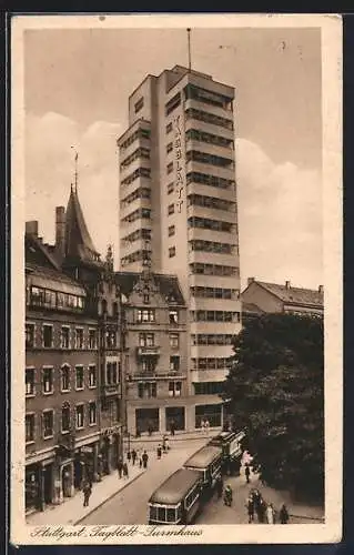 AK Stuttgart, Tagblatt-Turmhaus und Strassenbahn