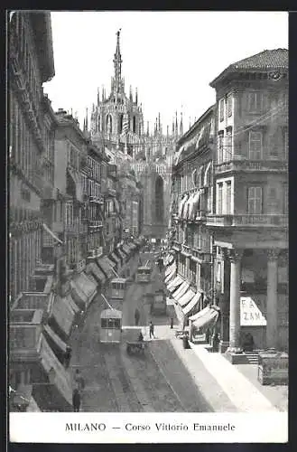 AK Milano, Corso Vittorio Emanuele mit Strassenbahnen von oben