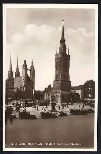 AK Halle /Saale, Marktplatz mit Marktkirche u. Roter Turm, Strassenbahn