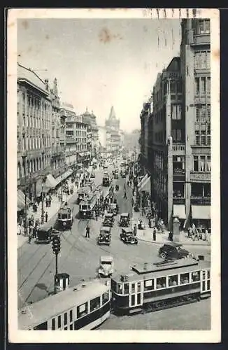 AK Prag, Graben mit Strassenbahnen aus der Vogelschau