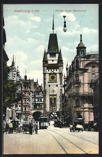 AK Freiburg, Partie beim Martinstor, Strassenbahn