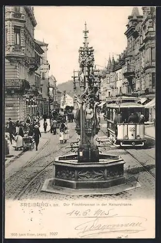 AK Freiburg, Fischbrunnen in der Kaiserstrasse mit Strassenbahn