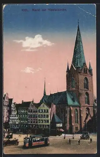 AK Kiel, Markt mit Nikolaikirche, Strassenbahn