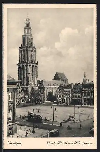 AK Groningen, Groote Markt met Martinitoren, Strassenbahn