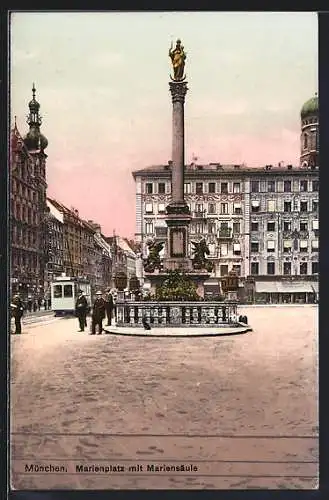 AK München, Marienplatz mit Mariensäule und Strassenbahn