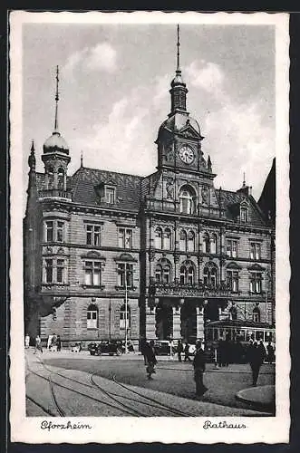 AK Pforzheim, Rathaus mit Strassenbahn