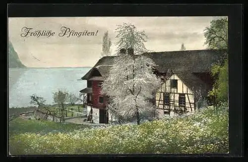 Künstler-AK Photochromie Nr.: Fachwerkhaus mit blühendem Garten und See