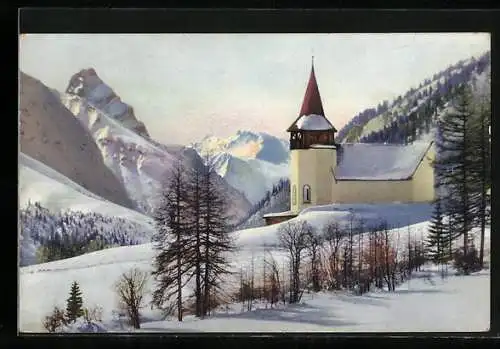 AK Davos-Frauenkirch, Kirche und Tinzenhorn im Schnee